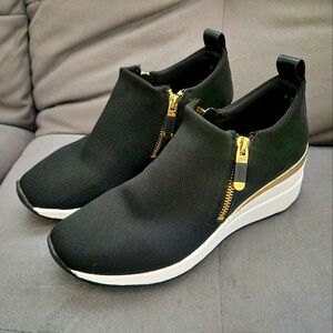 DKNY Black and Gold Slip-On Wedge Sneakers Size 8